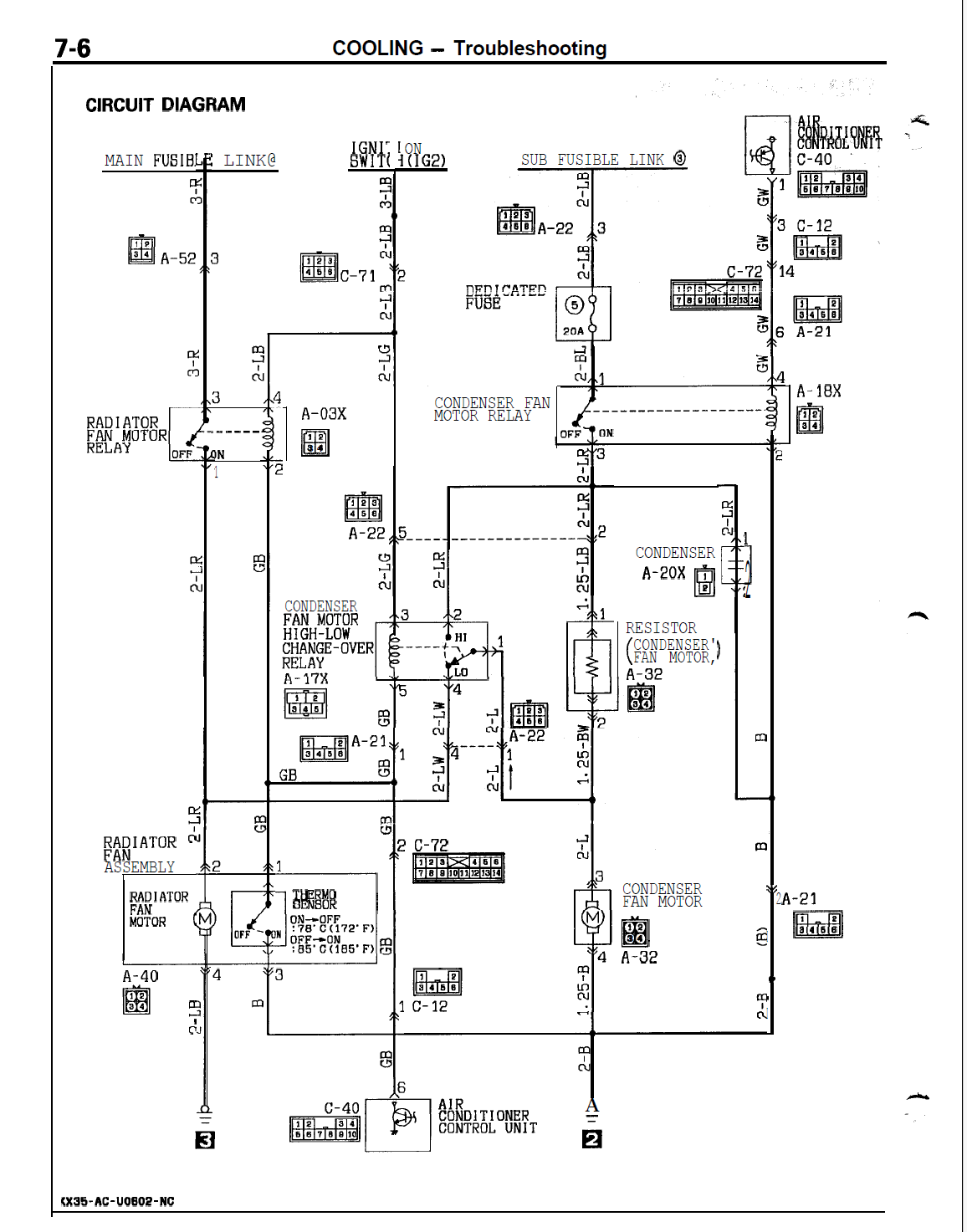 FSM circuit drawing of the cooling fan relays and thermo switch - pg 7-6 in the 1991 FSM, look...PNG