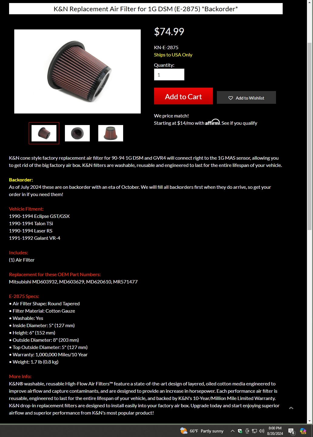 K&N E-2875 air filter for 1g DSM - shot of STM page for it in 2024 w backorder note - filter I...jpg